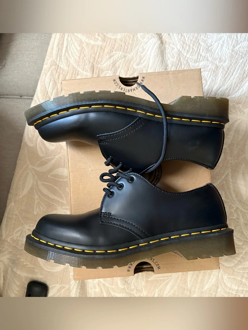 Dr. Martens Black Leather 3-Eye Derby with Yellow Stitching